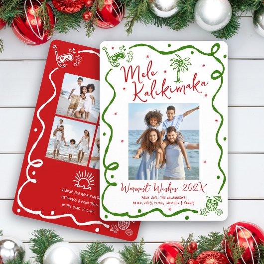 Mele Kalikimaka 5 Photo Red Green Doodle Christmas シーズンカード