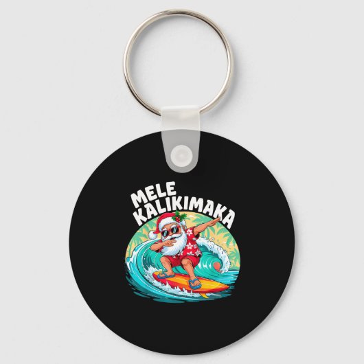 Mele Kalikimaka Hawaiian Christmas Santa Surfing B キーホルダー (正面)