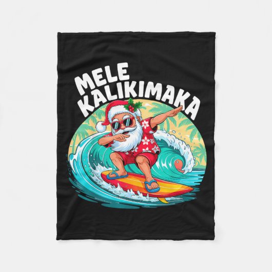 Mele Kalikimaka Hawaiian Christmas Santa Surfing B フリースブランケット (正面)