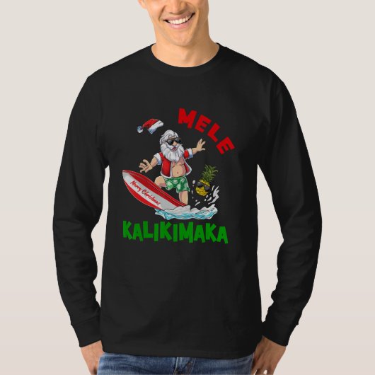 Mele Kalikimaka Hawaiian Christmas Santa Surfing P Tシャツ (正面)
