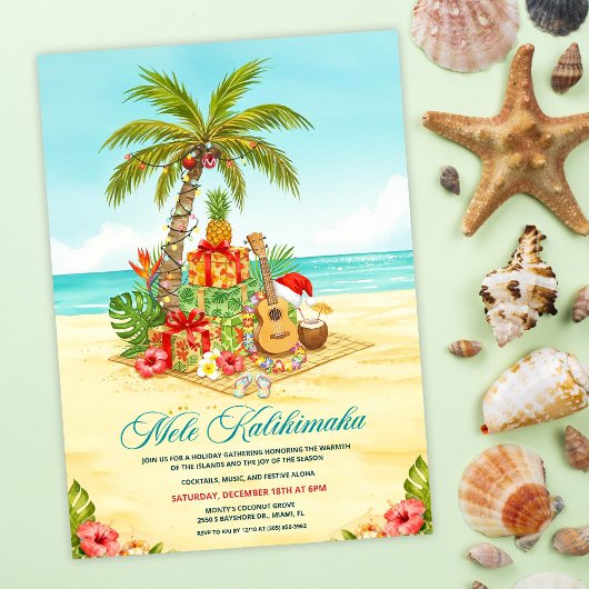 Mele Kalikimaka Hawaiian Christmas Watercolor 招待状