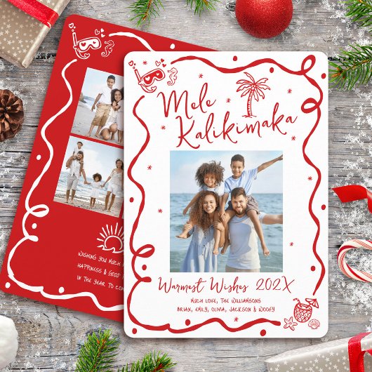 Mele Kalikimaka Red 5 Photo Hand Drawn Christmas シーズンカード