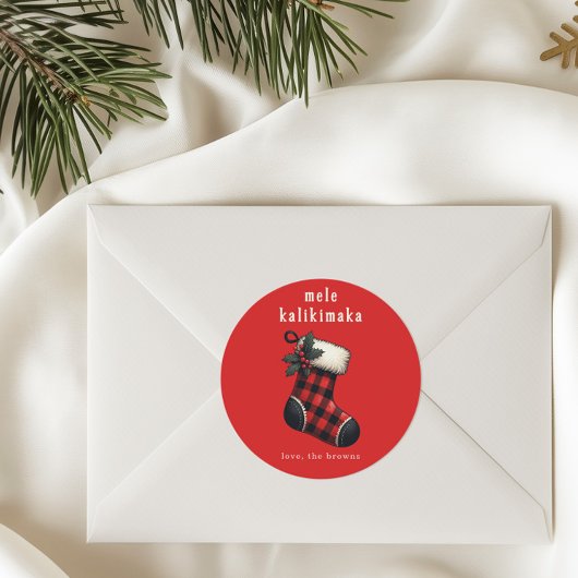 Mele Kalikimaka Red & Black Plaid Stocking Holiday ラウンドシール