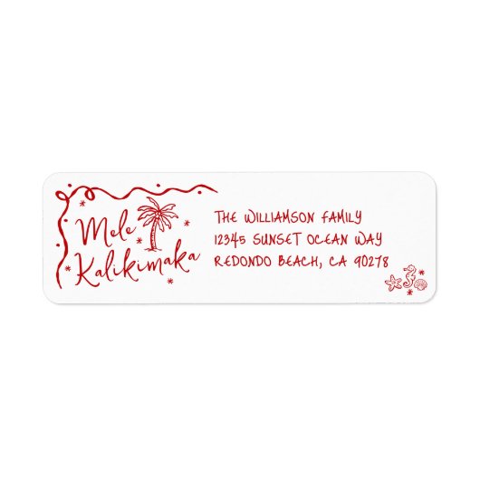 Mele Kalikimaka Red Hand Drawn Christmas Address ラベル (正面)