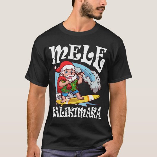 Mele Kalikimaka Santa Surfing Hawaii Christmas Tシャツ (正面)