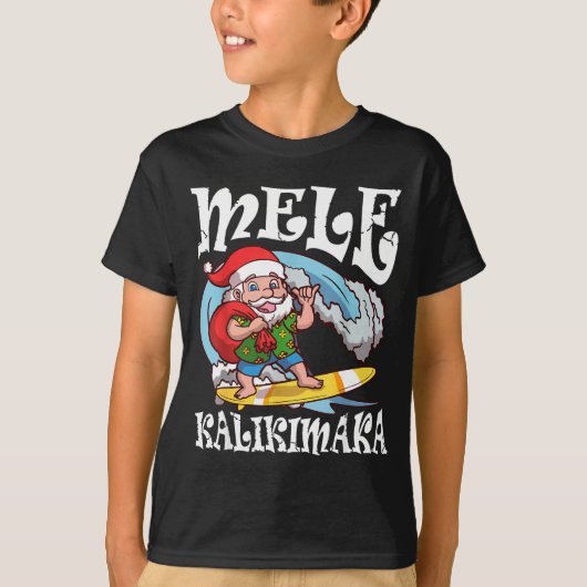Mele Kalikimaka Santa Surfing Hawaii Christmas Tシャツ (正面)