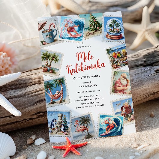 Mele Kalikimaka Tropical Stamps Christmas Party 招待状