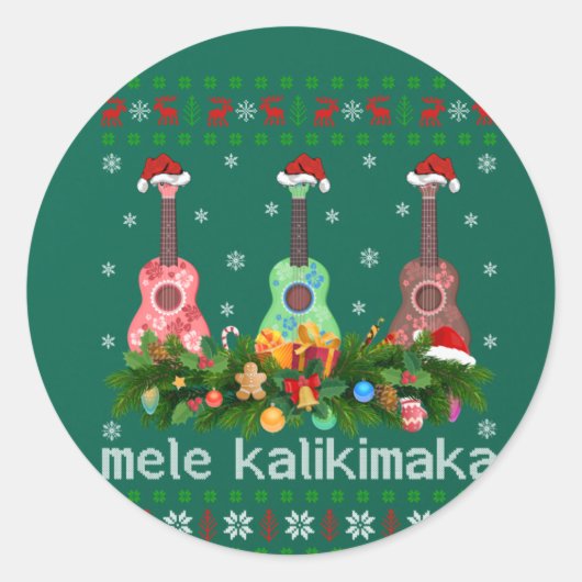 Mele Kalikimaka Ukulele Guitar Gift Ugly Ukulele ラウンドシール (正面)