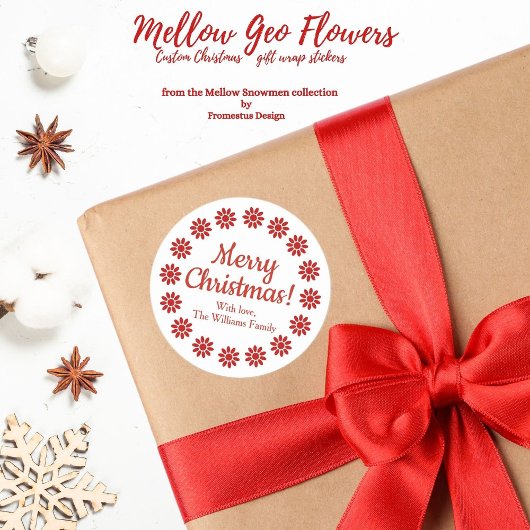Mellow Geo Flowers - ホワイト 赤 カスタム クリスマス ラウンドシール