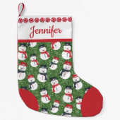 Mellow Snowmen - Xmas red on green customizable. スモールクリスマスストッキング (正面)
