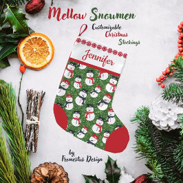 Mellow Snowmen - Xmas red on green customizable. スモールクリスマスストッキング