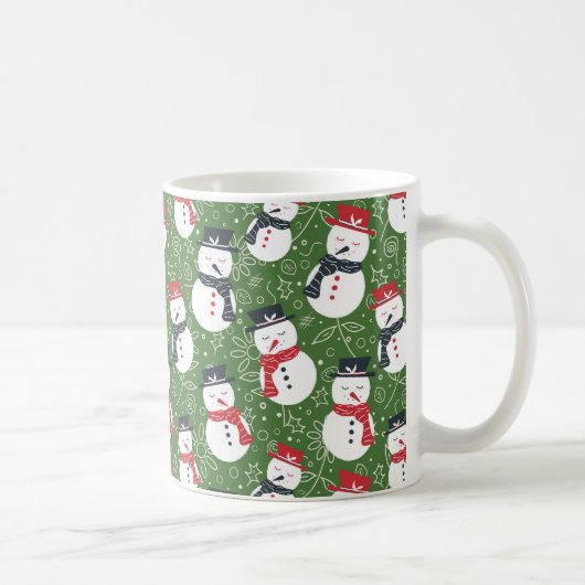 Mellow Snowmen - Xmas red on green pattern. コーヒーマグカップ (右)