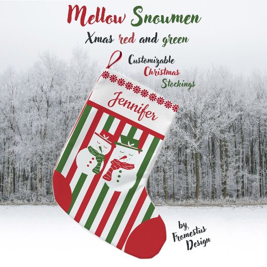 Mellow Snowmen - Xmas red white green stripes. スモールクリスマスストッキング