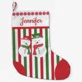 Mellow Snowmen - Xmas red white green stripes. スモールクリスマスストッキング (正面)