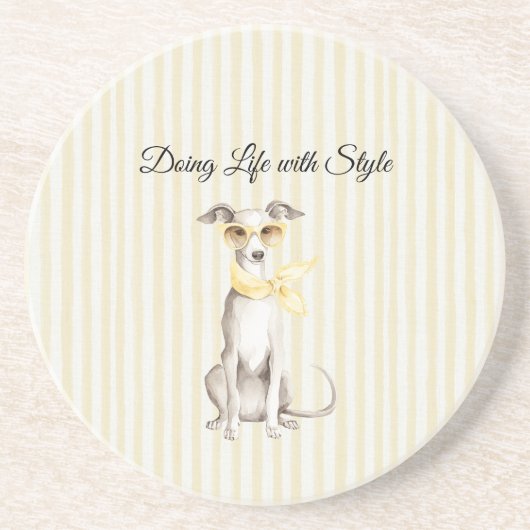 Mellow Yellow Scarf White Dog Stripes コースター (正面)
