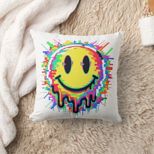 Melting Smiley Face Throw Pillow – Psychedelic Col クッション (ブランケット)