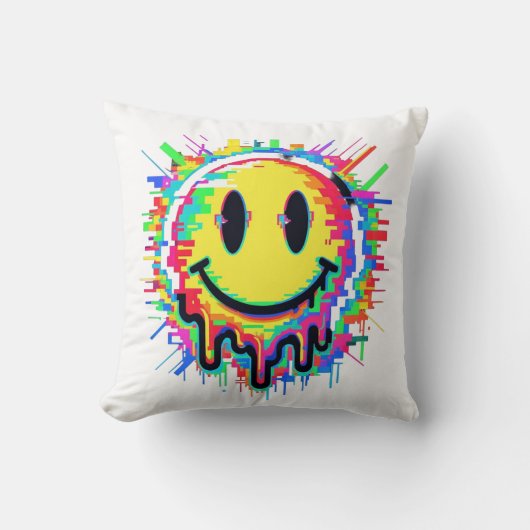 Melting Smiley Face Throw Pillow – Psychedelic Col クッション (正面)