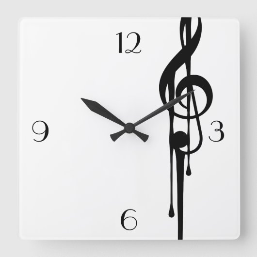 MELTPOINTホワイトブラックGクレフ、 音符記号大カスタム数 スクエア壁時計 (正面)