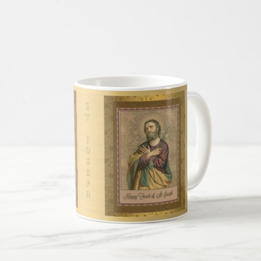 Memorareのカトリック教の祈りの言葉を持つセントジョーゼフ コーヒーマグカップ (正面右)