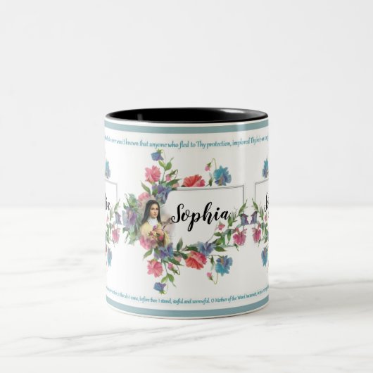Memorareの祈りの言葉が付いているパーソナライズなSt.テレーズ ツートーンマグカップ (中央)