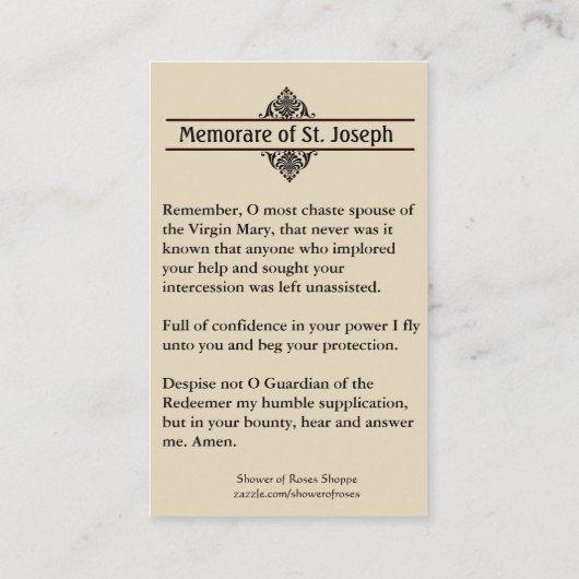 Memorareの祈りの言葉セントジョーゼフ及びイエス・キリストの神聖なカード 名刺 (裏面)