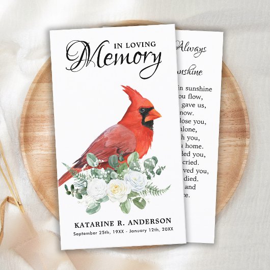 Memorial Cardinal Floral Roses Funeral Prayer Card