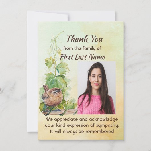 Memorial Custom Cute Wren Bird Thank you サンキューカード (正面)