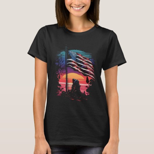 Memorial Day Fallen Veteran American Flag Half Mas Tシャツ (正面)