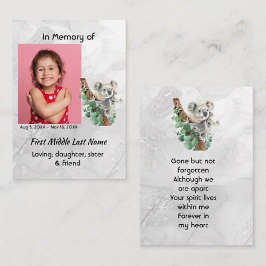 Memorial Keepsake Cute Koala Children 名刺 (正面/裏面)