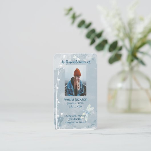 Memorial Memory Card Dragonfly White Flower 名刺 (スタンド正面)