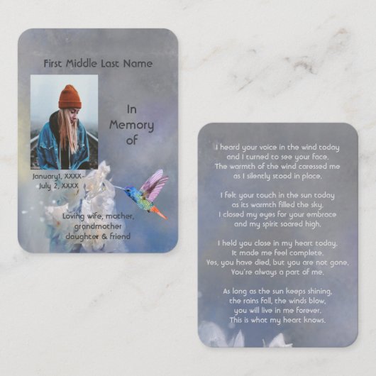 Memorial Memory Card Hummingbird White Flowers 名刺 (正面/裏面)