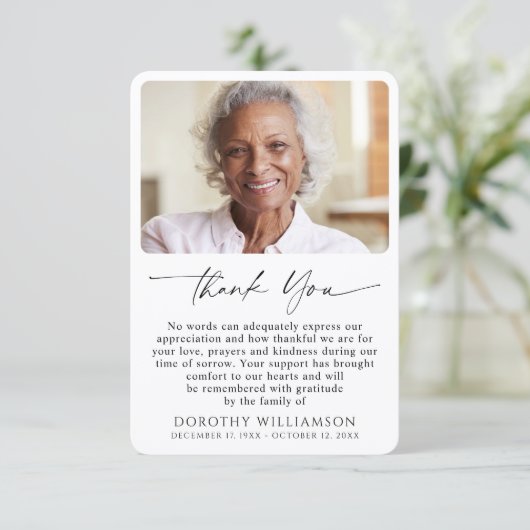 Memorial Photo Elegant Script サンキューカード (スタンド正面)
