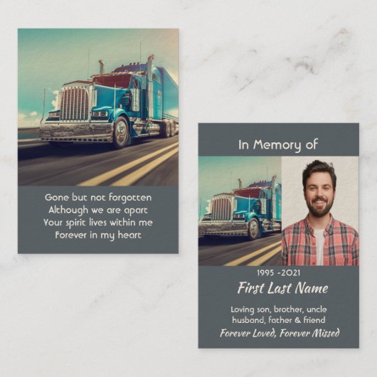 Memorial Photo Keepsake Semi Truck Tractor Trailer 名刺 (正面/裏面)