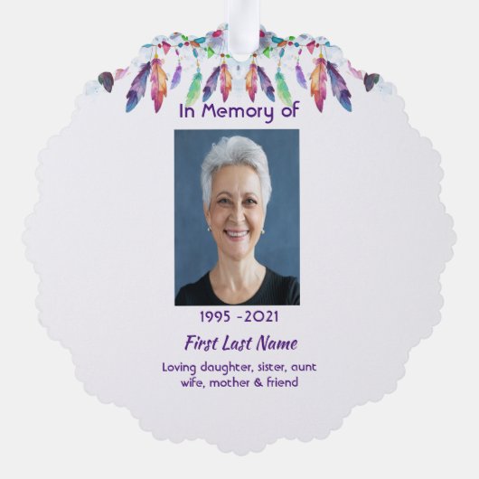 Memorial Photo Prayer Feathers Boho Tribal Native オーナメントカード (裏面)