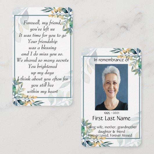 Memorial Photo Prayer Teal Farewell My Friend  名刺 (正面/裏面)