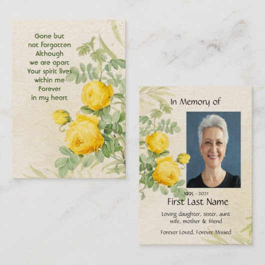 Memorial Photo  Yellow Roses Garden Flowers 名刺 (正面/裏面)