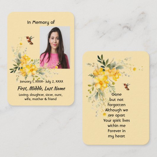 Memorial Pocket Card Hummingbird Yellow Roses  名刺 (正面/裏面)