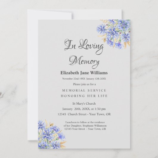 Memorial Service Celebration of Life Cornflower 招待状 (正面)