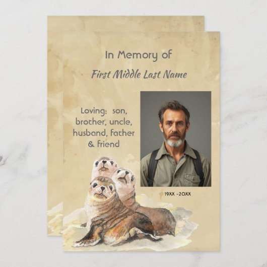 Memorial Service Invite Watercolor Seals Animals 招待状 (正面/裏面)