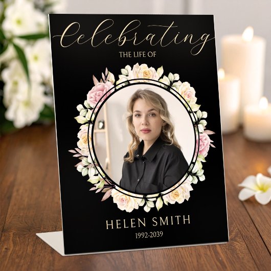 Memory Funeral Photo Floral Wreath Black 台座サイン