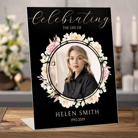 Memory Funeral Photo Floral Wreath Black 台座サイン