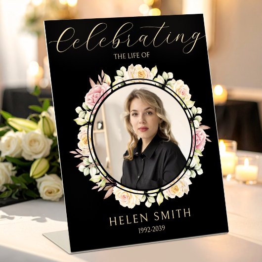 Memory Funeral Photo Floral Wreath Black 台座サイン