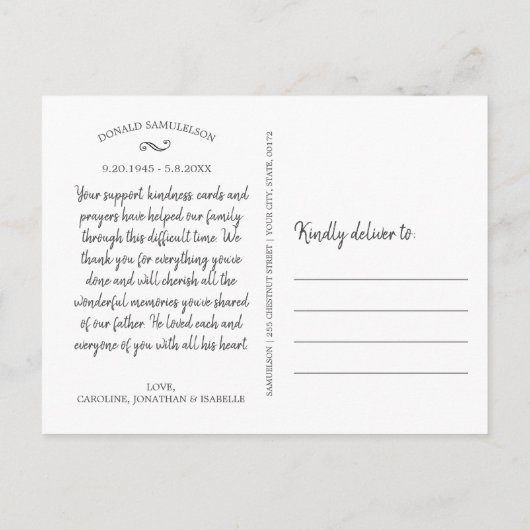 Memory of,悔やみや弔慰ありがとう写真コラージュ ポストカード (裏面)