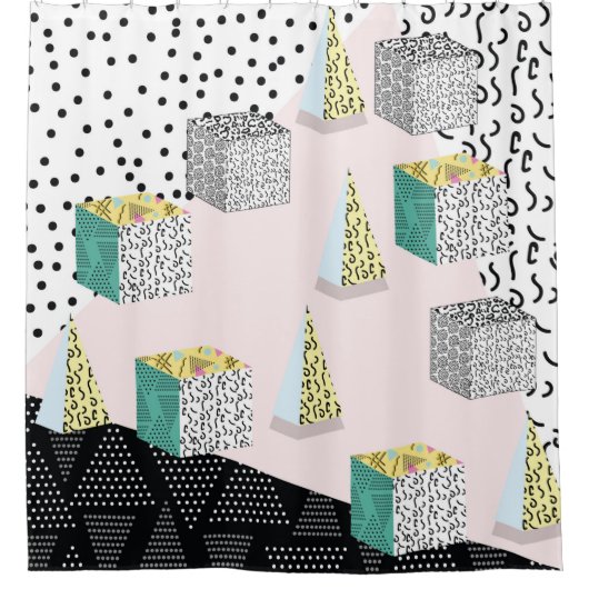 Memphis pattern with geometric, grid, striped and  シャワーカーテン (正面)
