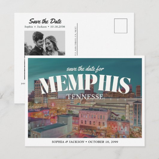 Memphis Wedding Save the Date Retro Skyline ポストカード (正面/裏面)