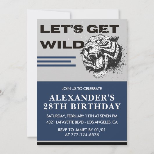 Men 28th birthday invitations Tiger Let's Get Wild 招待状 (正面)