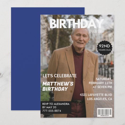 Men Magazine Navy blue Photo 92nd birthday 招待状 (正面/裏面)