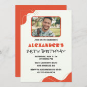 Men Photo 28th birthday invitations Modern Red 招待状 (正面/裏面)