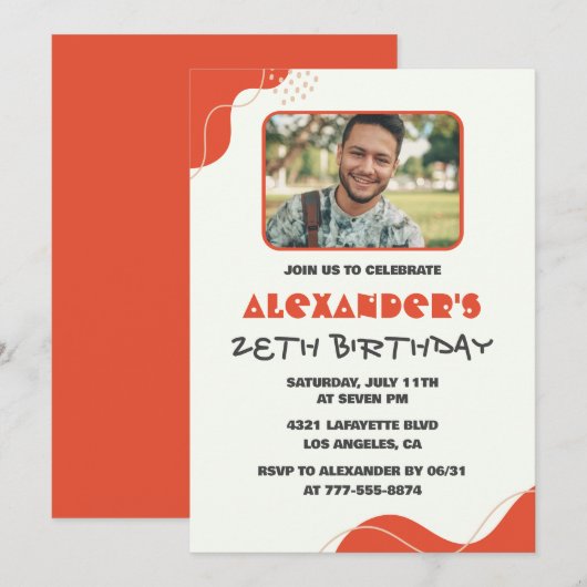 Men Photo 28th birthday invitations Modern Red 招待状 (正面/裏面)