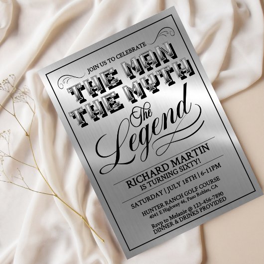 Men’s Milestone Birthday Party, Silver Metal Look, 招待状